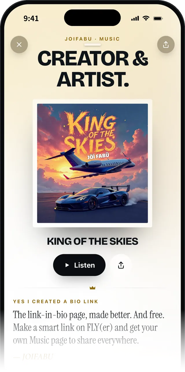 A FLY(er) link-in-bio page with a song and a Listen button